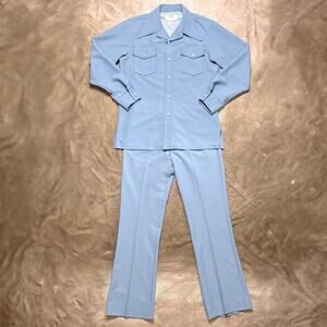 Vintage 70s Farah Time Out West Two Piece Blue Western Leisure Suit Pearl Snap